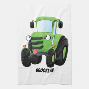 Cute green happy farm tractor cartoon illustration tea towel
