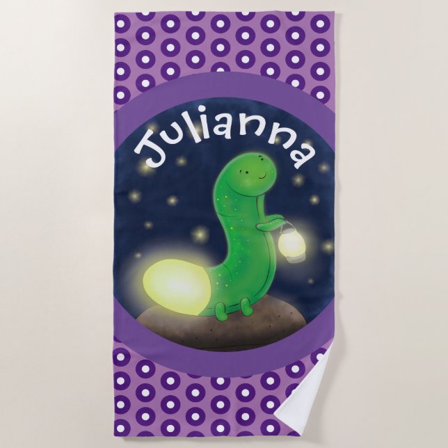 Cute green happy glow worm cartoon illustration beach towel (Front)