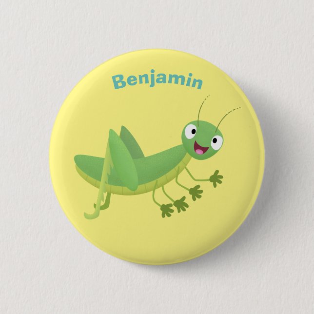 Cute green happy grasshopper cartoon 6 cm round badge (Front)