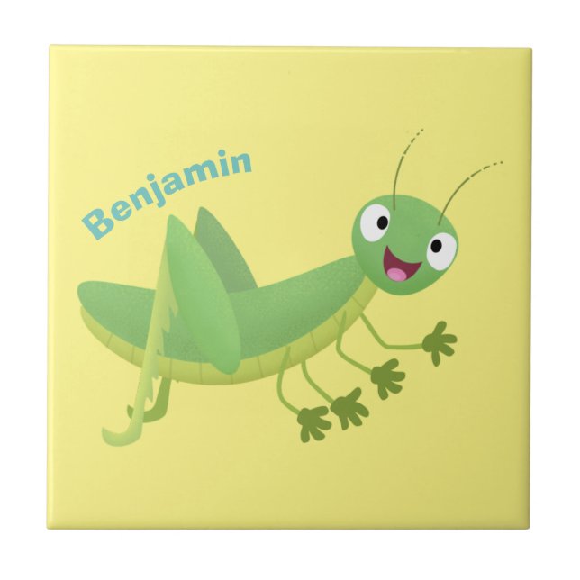 Cute green happy grasshopper cartoon ceramic tile (Front)