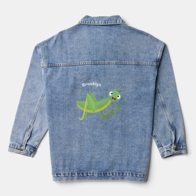 Cute green happy grasshopper cartoon denim jacket (Back)