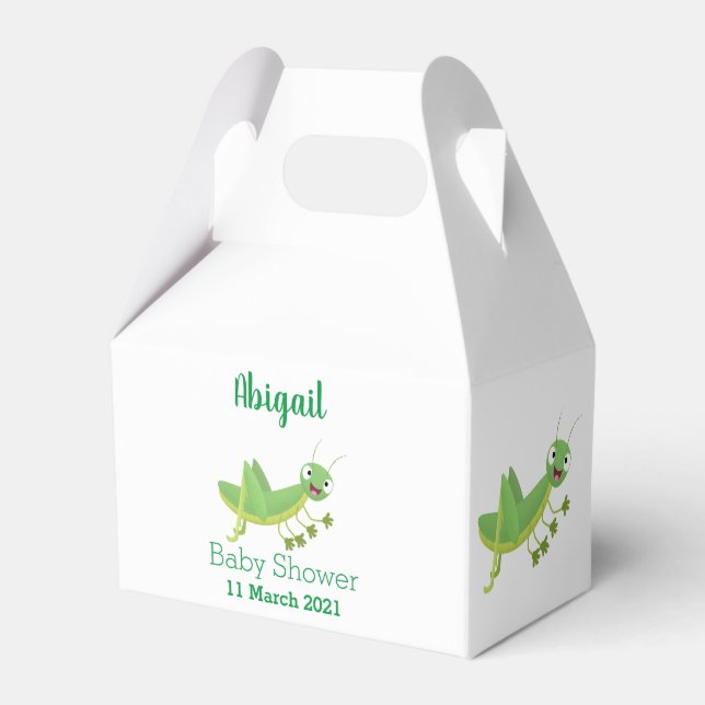 Cute green happy grasshopper cartoon favour box (Front Side)