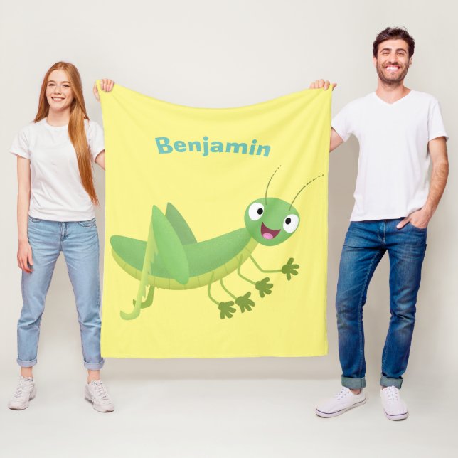 Cute green happy grasshopper cartoon fleece blanket (In Situ)