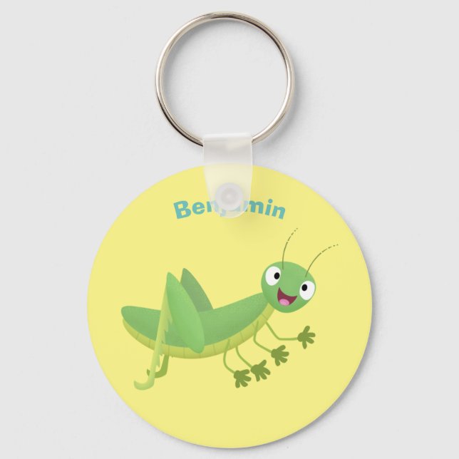 Cute green happy grasshopper cartoon key ring (Front)