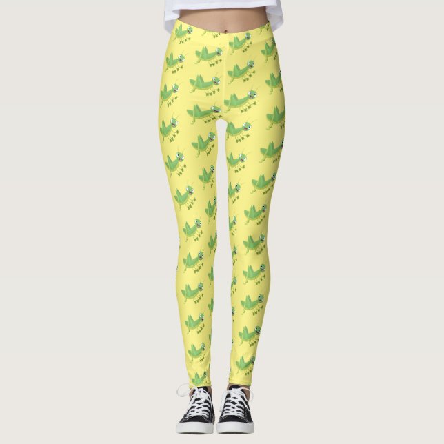 Cute green happy grasshopper cartoon leggings (Front)