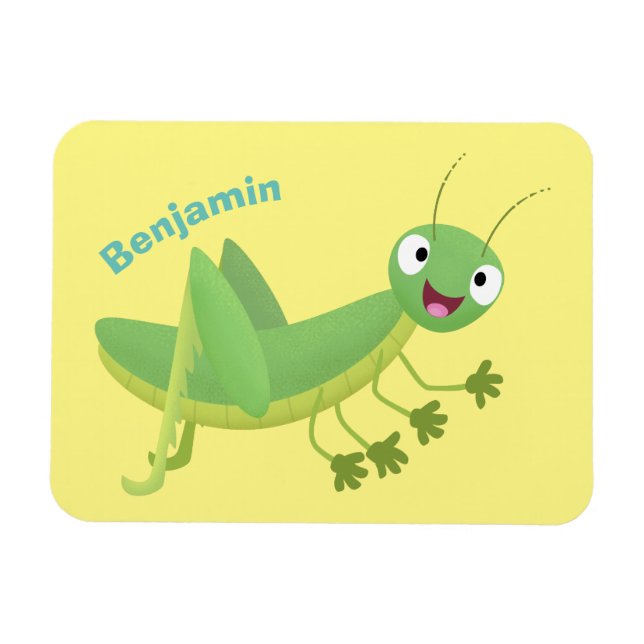 Cute green happy grasshopper cartoon magnet (Horizontal)