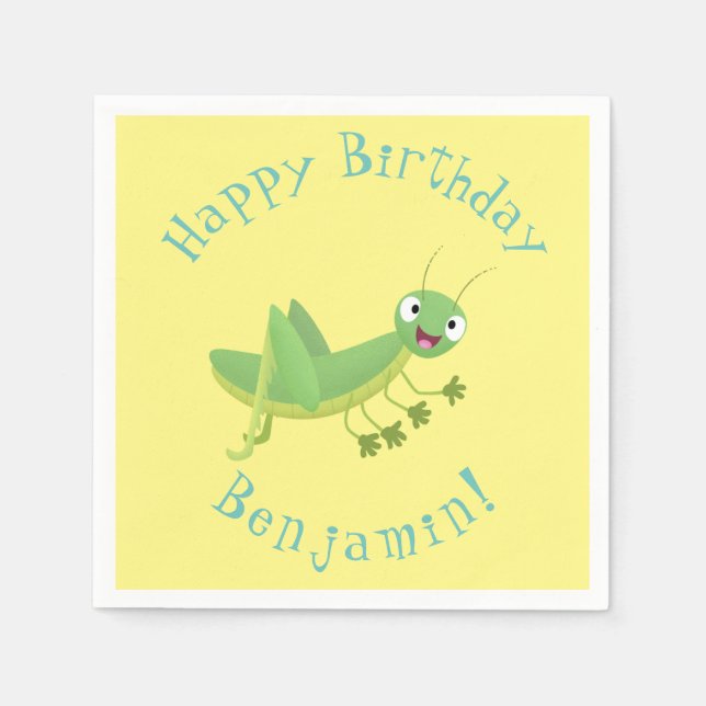 Cute green happy grasshopper cartoon napkin (Front)