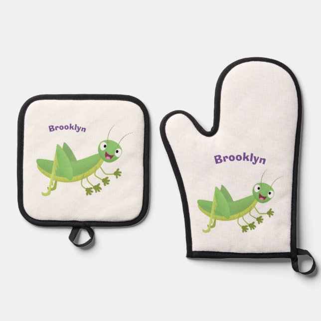 Cute green happy grasshopper cartoon oven mitt & pot holder set (Front)