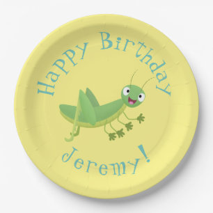 Cute green happy grasshopper cartoon paper plate