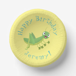 Cute green happy grasshopper cartoon paper plate