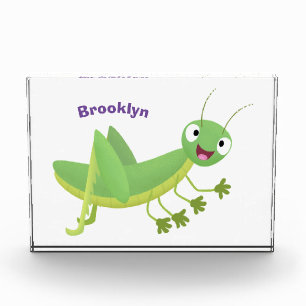 Cute green happy grasshopper cartoon photo block