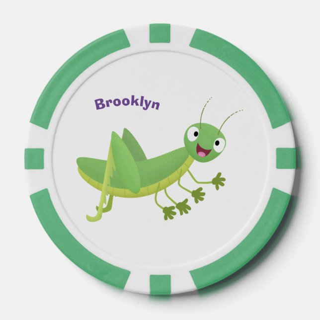 Cute green happy grasshopper cartoon poker chips (Front)