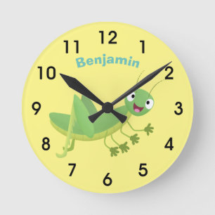 Cute green happy grasshopper cartoon round clock