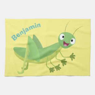 Cute green happy grasshopper cartoon tea towel
