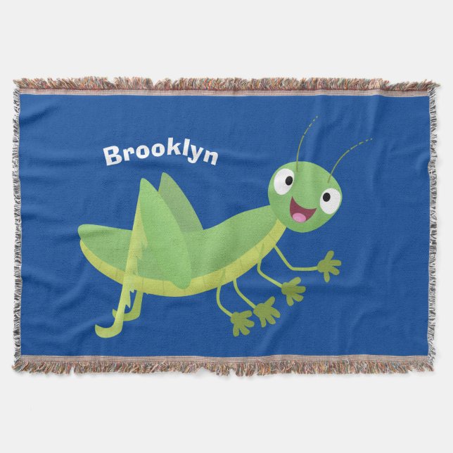 Cute green happy grasshopper cartoon throw blanket (Front)