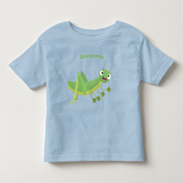 Cute green happy grasshopper cartoon toddler T-Shirt (Front)