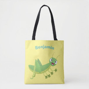 Cute green happy grasshopper cartoon tote bag