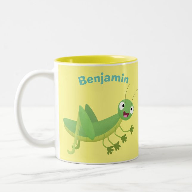 Cute green happy grasshopper cartoon Two-Tone coffee mug (Left)