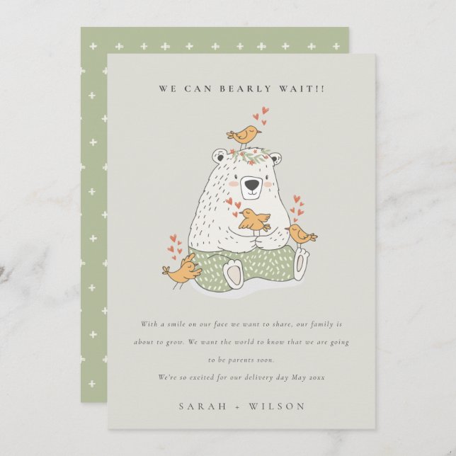 Cute Green Heart Bearly Wait Baby Announcement (Front/Back)