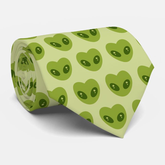 Cute Green Heart-Shaped Alien Head Pattern Tie (Rolled)
