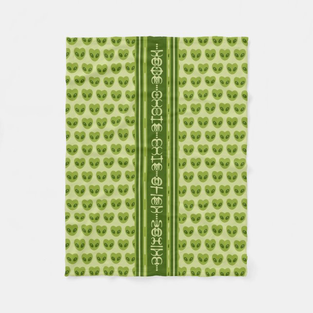 Cute Green Heart-Shaped Alien Your Name in Glyphs Fleece Blanket (Front)