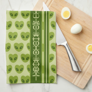 Cute Green Heart-Shaped Alien Your Name in Glyphs Tea Towel
