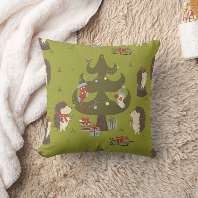 Cute Green Hedgehogs with Christmas Tree  Cushion (Blanket)