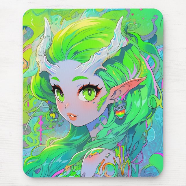 Cute Green Horned Wood Elf Anime Girl Mouse Pad (Front)
