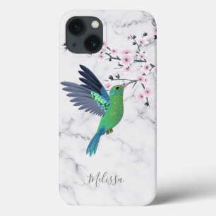 Cute Green Hummingbird Cherry Blossom  Monogram iPhone 13 Case