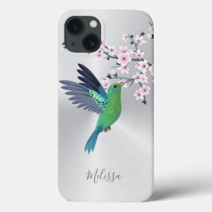 Cute Green Hummingbird Cherry Blossom  Monogram  iPhone 13 Case