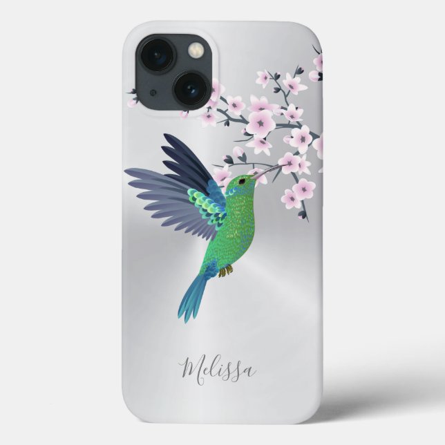 Cute Green Hummingbird Cherry Blossom  Monogram  Case-Mate iPhone Case (Back)