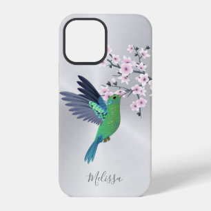 Cute Green Hummingbird Cherry Blossom Monogram iPhone 12 Pro Case