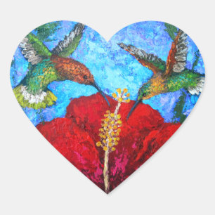 Cute Green Hummingbirds Floral Painting Heart Sticker