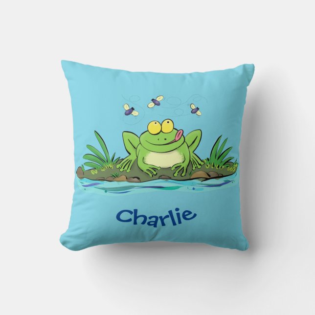 Cute green hungry frog cartoon illustration cushion (Front)