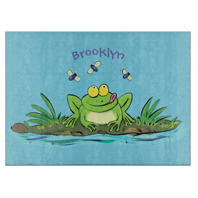 Cute green hungry frog cartoon illustration cutting board (Front)