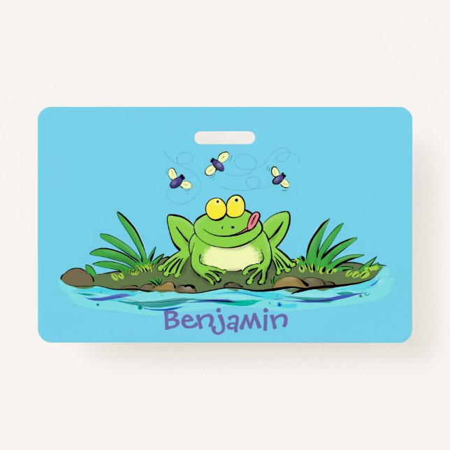 Cute green hungry frog cartoon illustration ID badge (Front)