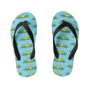 Cute green hungry frog cartoon illustration kid's thongs