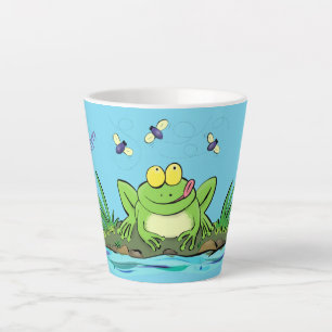 Cute green hungry frog cartoon illustration latte mug