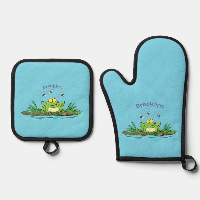 Cute green hungry frog cartoon illustration oven mitt & pot holder set (Front)