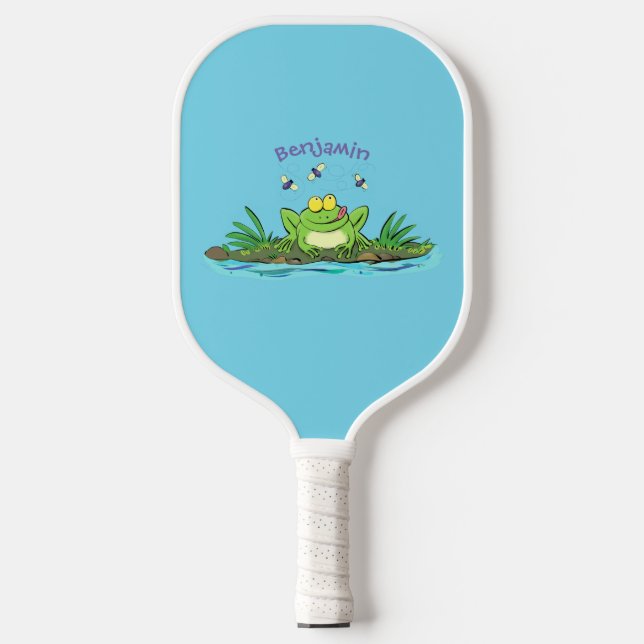 Cute green hungry frog cartoon illustration pickleball paddle (Front)