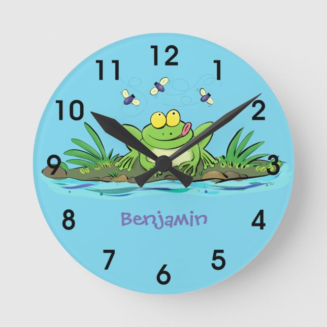 Cute green hungry frog cartoon illustration round clock (Front)