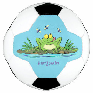 Cute green hungry frog cartoon illustration soccer ball