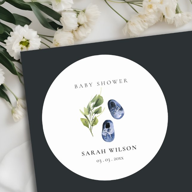 Cute Green Ink Blue Boy Shoes Foliage Baby Shower Classic Round Sticker (Creator Uploaded)