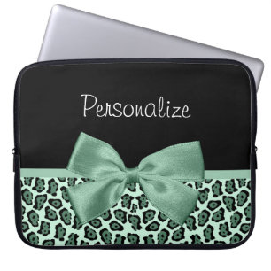 Cute Green Jaguar Print Girly Jade Bow and Name Laptop Sleeve