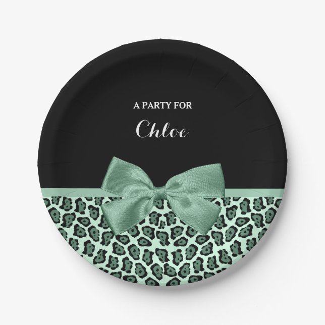 Cute Green Jaguar Print Girly Jade Bow and Name Paper Plate (Front)