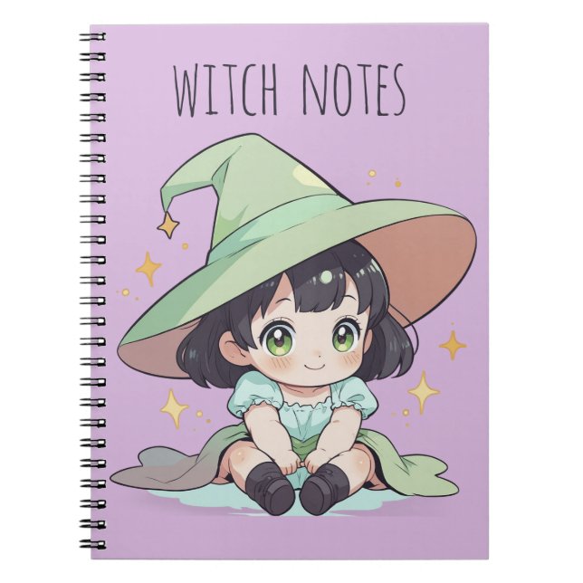 Cute Green Kawaii Baby Witch Girl Spiral  Notebook (Front)
