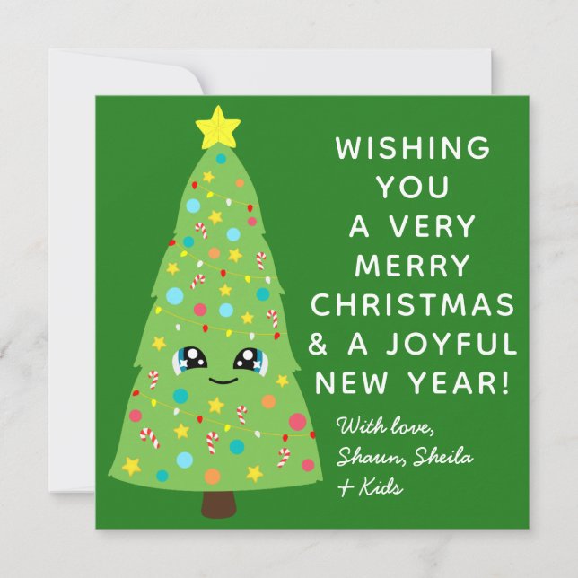 Cute Green Kawaii Christmas Tree Family Photo Xmas Holiday Card (Front)