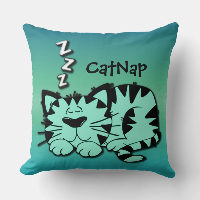 Cute Green Kitty Cat Nap Throw Pillow (Front)