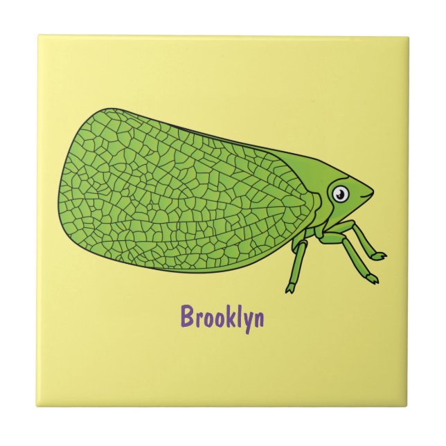 Cute green leaf hopper insect cartoon illustration ceramic tile (Front)