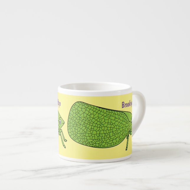 Cute green leaf hopper insect cartoon illustration espresso cup (Front Right)